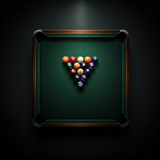 A top-down, artistic shot of a billiard rack on a premium black felt table. The lighting is focused, casting long shadows and highlighting the texture of the balls. The room is dark, creating a high-end, minimalist vibe that feels both technical and luxurious. The composition is centered and perfectly aligned to emphasize precision and order within the Predator club environment.